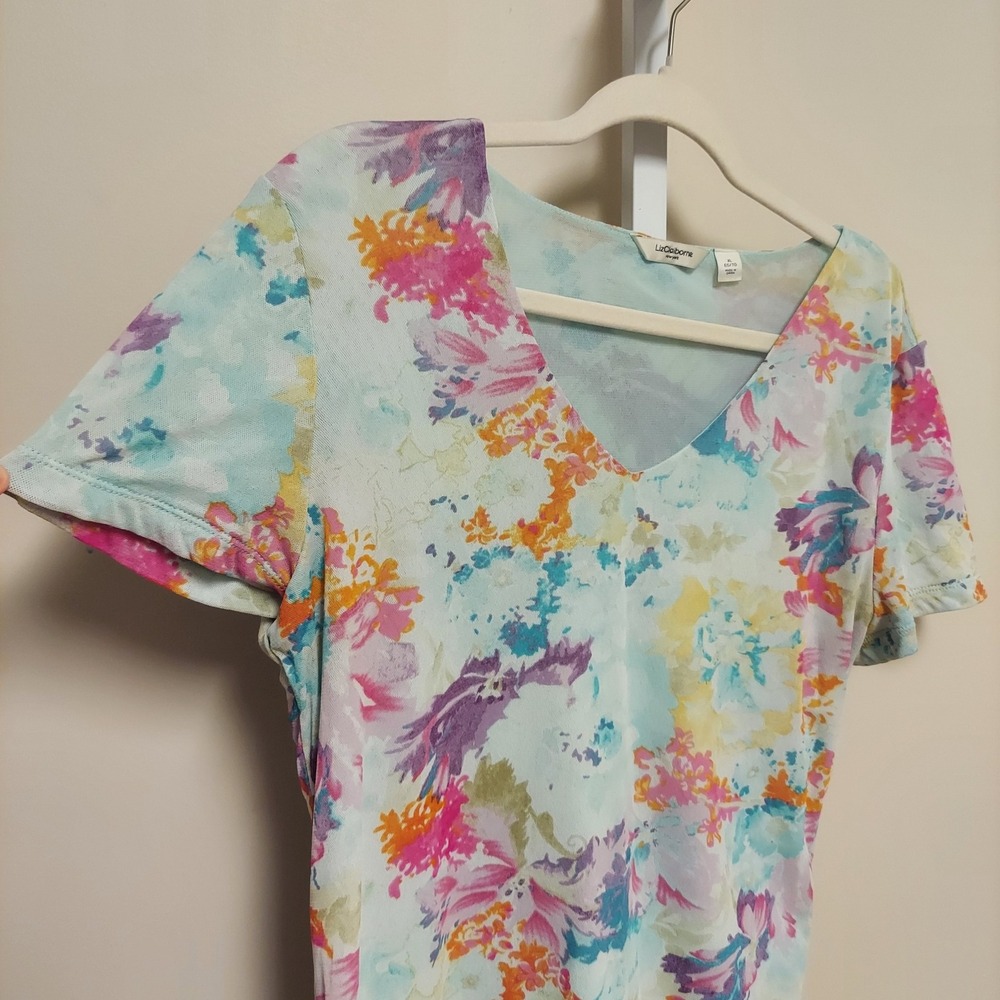 Liz Claiborne XL Floral Mesh V-Neck Short Sleeve Top Watercolor Fairy‎ 90s - Picture 2 of 6